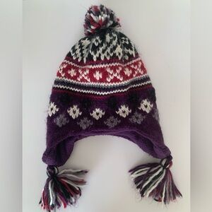 Knit Ear Flap Hat Pom Pom Top Fleece Lined Purple Red White Black Youth Size 4-7